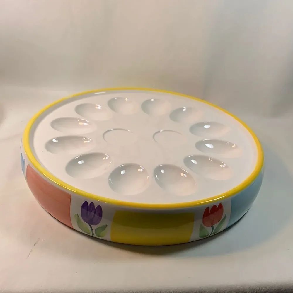Easter Bunny Devil Egg Serving Tray Spring Flower Vintage Holiday Yellow Purple
